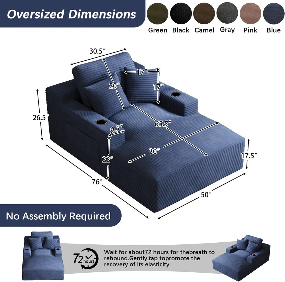 50" x 76" Corduroy Chaise Lounge Sofa Bed with Cup Holders, Blue | ...