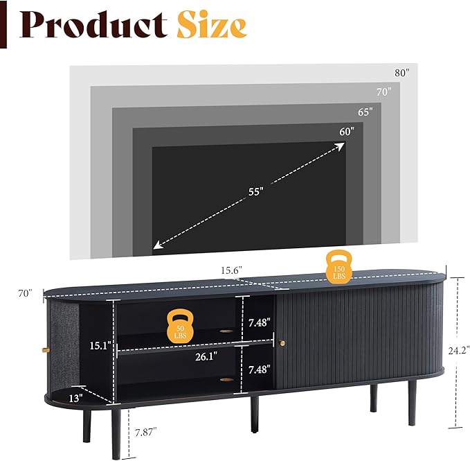 AMERLIFE 70" Mid-Century Modern TV Stand, TV Console Table for TVs up to 80 Inch, Fluted Wood Media Console with Storage, Solid Wood Legs, Embossed Black