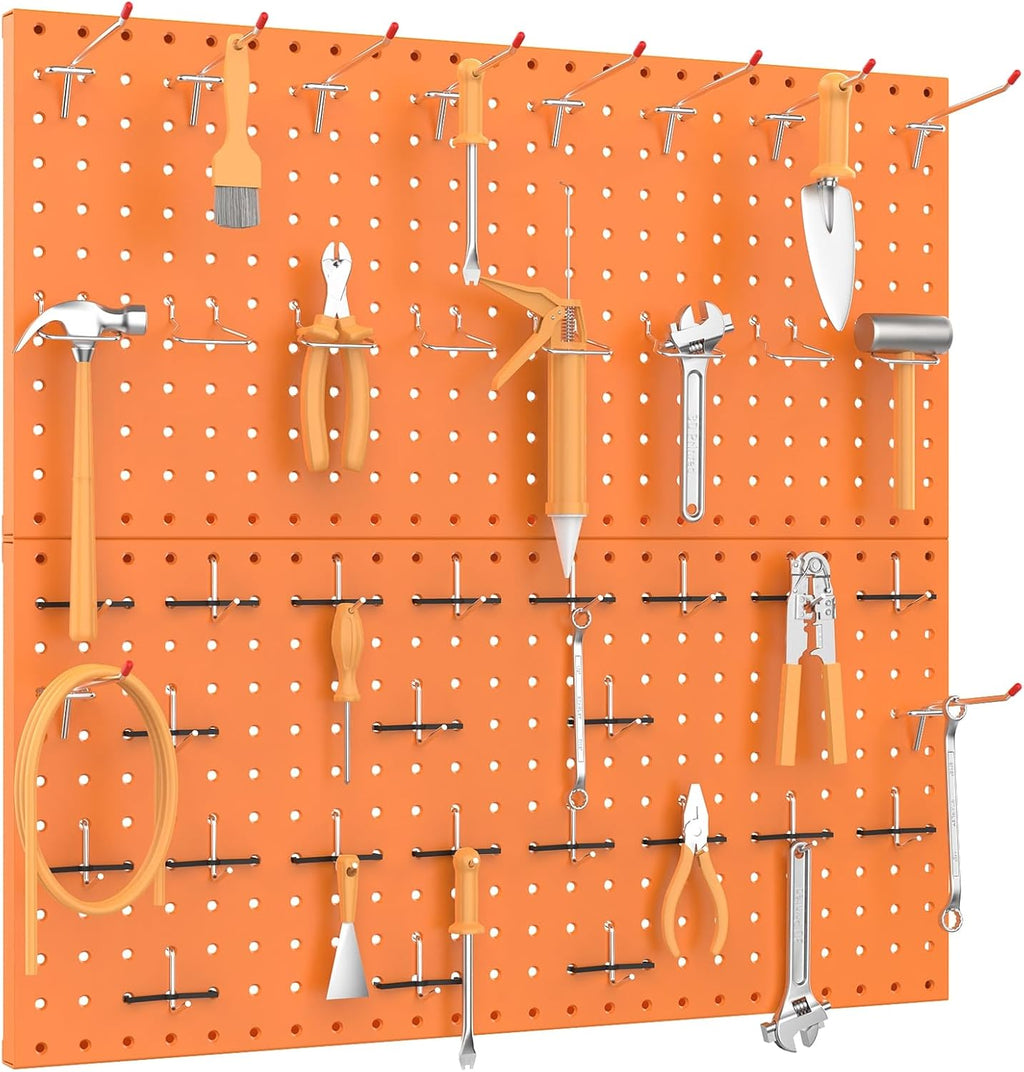 TORACK Metal Pegboard Wall Organizer 24" x 24" or 12" x 48", 70 PCS Tools Storage Pegboard for Garage, Modular Pegboard, Tool Organizer Board with Peg Board Hooks(Orange)