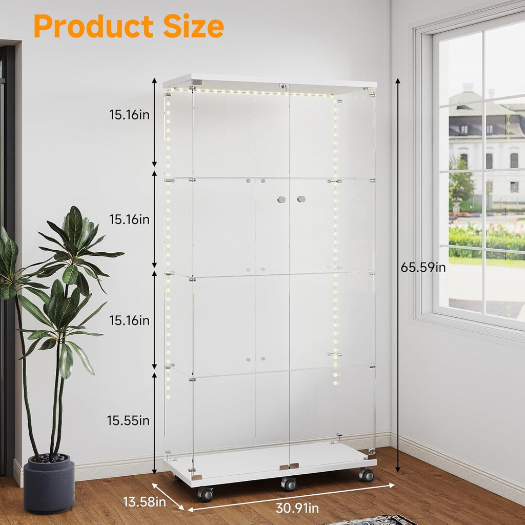 Tempered Glass Display Cabinet with Light Strip, 4-Tier Curio Cabinet with Glass Doors Wheels Locks, Glass Display Case for Collectibles for Living Room, Bedroom, Office, White, Double Door