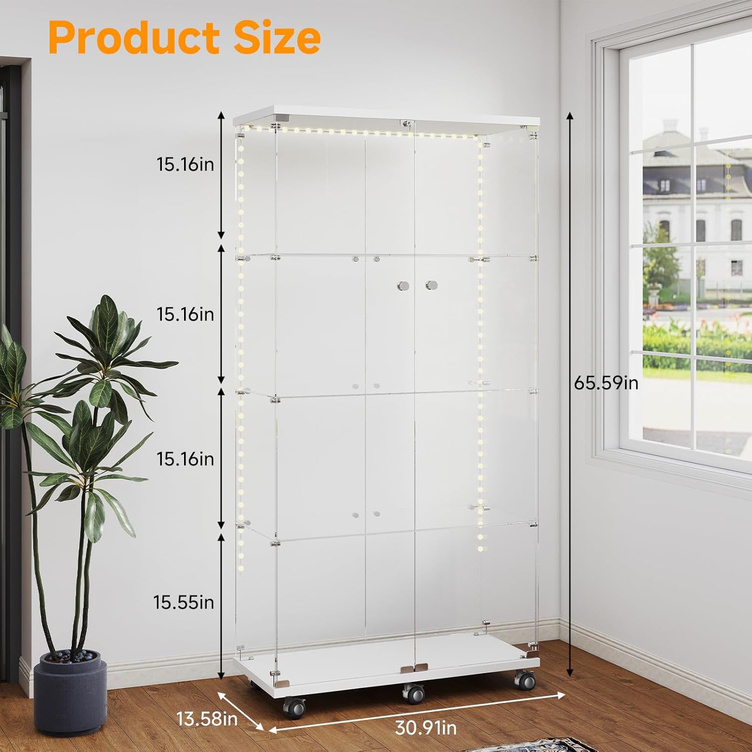 Tempered Glass Display Cabinet with Light Strip, 4-Tier Curio Cabinet with Glass Doors Wheels Locks, Glass Display Case for Collectibles for Living Room, Bedroom, Office, White, Double Door