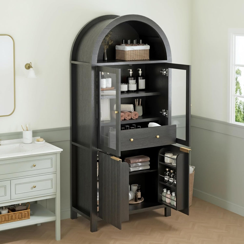 ZeHuoGe Fluted Tall Arched Pantry Cabinet with Adjustable Shelves, Elegant Di...