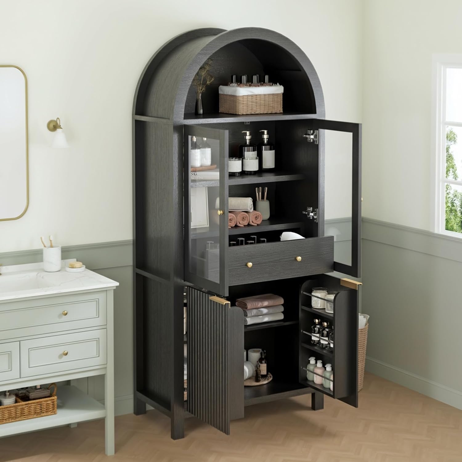ZeHuoGe Fluted Tall Arched Pantry Cabinet with Adjustable Shelves, Elegant Display Storage with Hidden Drawer & Glass Door for Kitchen, Living Room, Dining Room (Black)