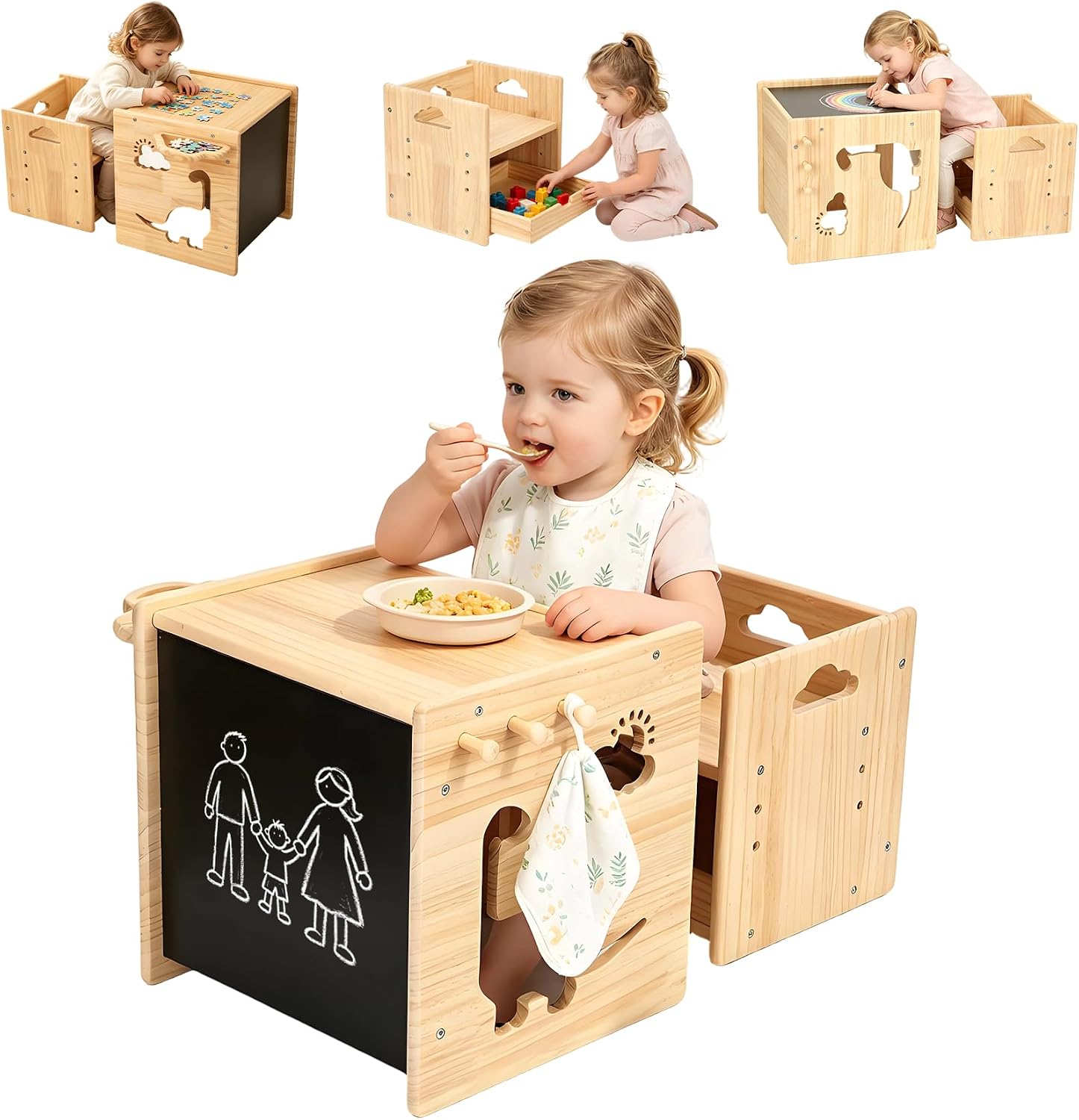 Brobear Weaning Table and Chair Set for 3-Layer Adjustable, Storage Drawer | for Ages 1-3,Blackboard, Storage Hooks, Puzzle Storage Boards, Natural Wood,CPC Certification, for Dining, Painting, Reading