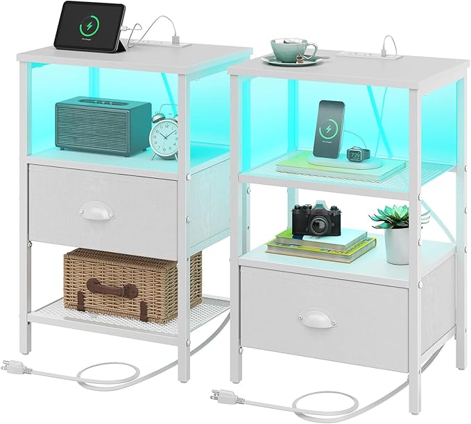 Sthmec Nightstands Set of 2, LED Bedside Tables with Charging Station and Fab...