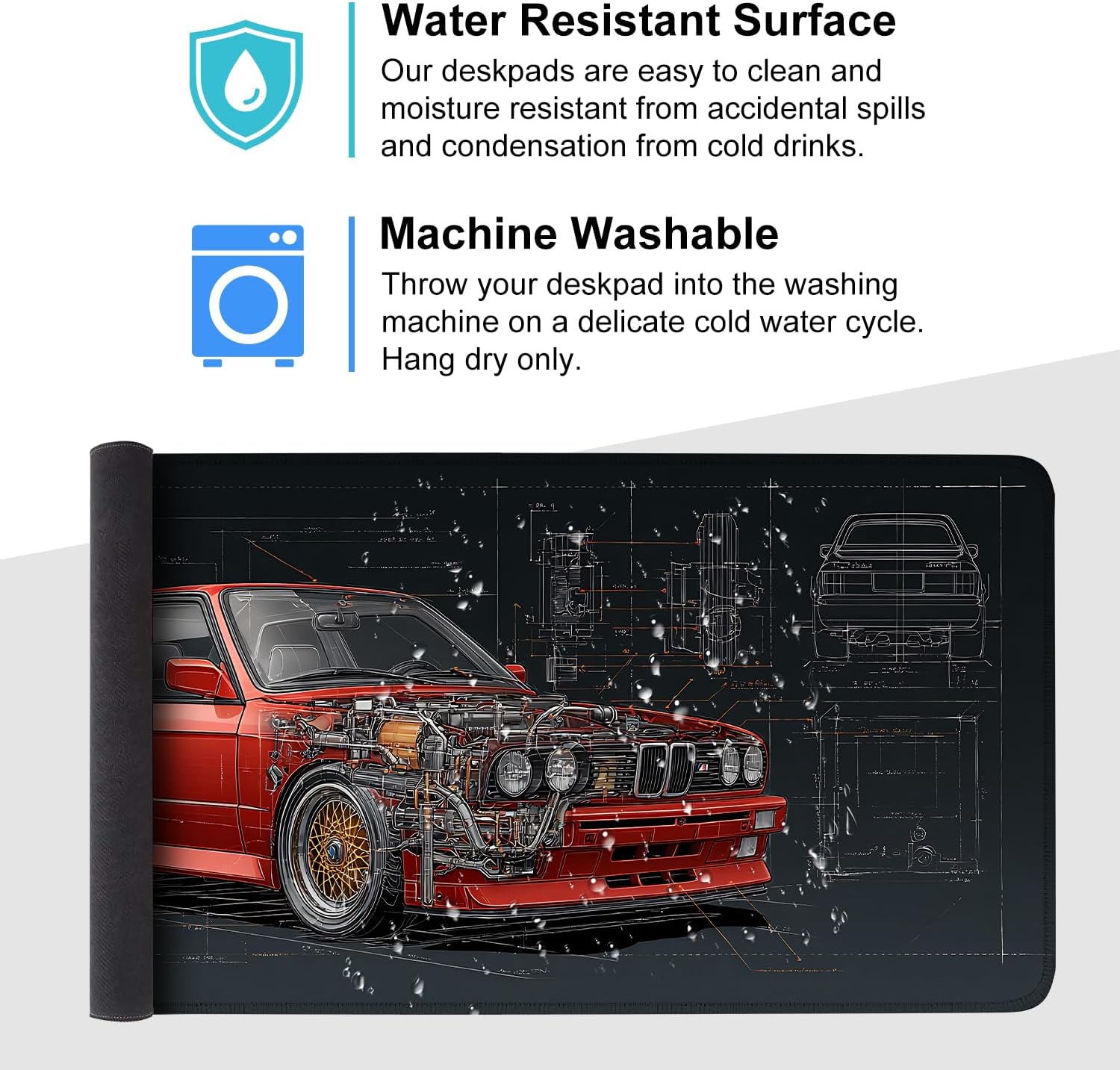 Retro Car Blueprint Mouse Pad – Large Extended Desk Mat 35.43 x 15.75 in – Classic Red Tuner Car Cutaway with Engine Diagram, Waterproof Surface, Non-Slip Rubber Base, Keyboard & Mouse Pad