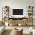 mopio Norwin 4 Piece Entertainment Center with Storage, 70" TV Stand, Industrial Modern Television Accent Cabinet, Oak Wood Media Console Table with 3-Tier Shelf Bookcase (3-Tier Cabinet Set)