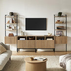 mopio Norwin 4 Piece Entertainment Center with Storage, 70" TV Stand, Industrial Modern Television Accent Cabinet, Oak Wood Media Console Table with 3-Tier Shelf Bookcase (3-Tier Cabinet Set)
