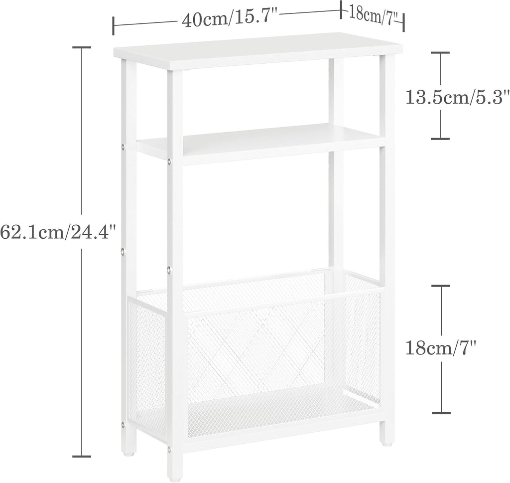 MMEOLUOOK Narrow Side Table with Storage Basket Skinny End Tables for Smalls Spaces 3 Tier Sofa Table Small Nightstand Slim Bedside Table for Living Room Bedroom White MLBZ22W