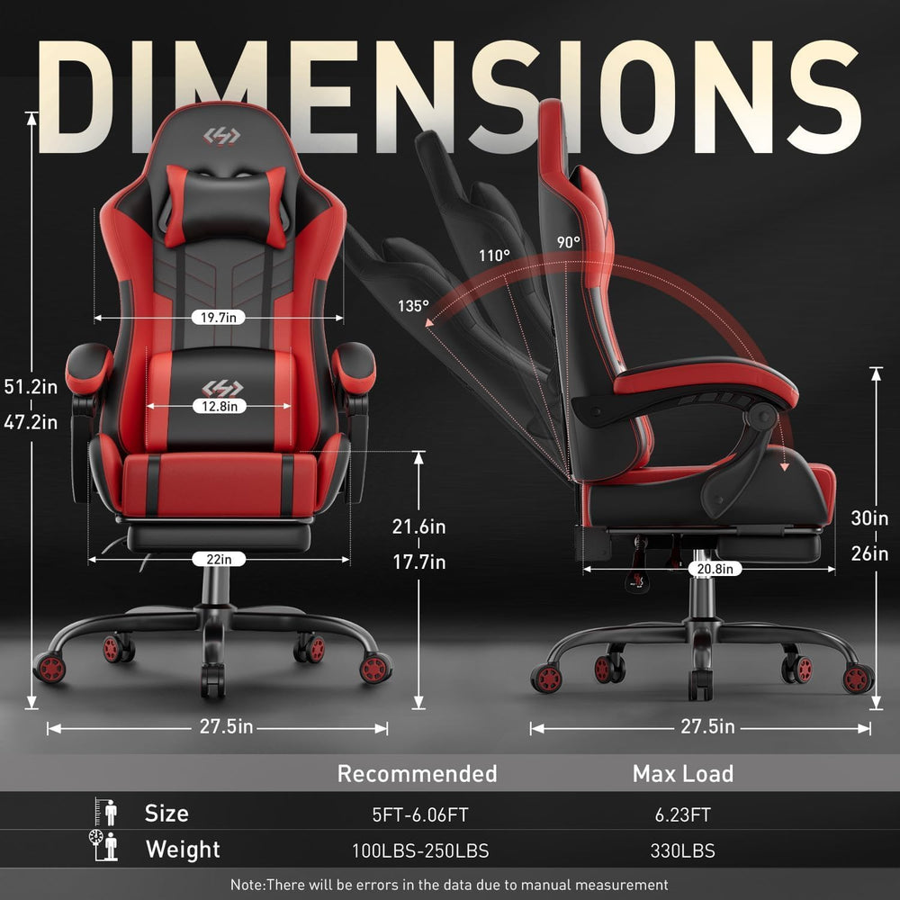 HLDIRECT High Back Gaming Chair, USB Massage Lumbar Support, Black&Red | ...