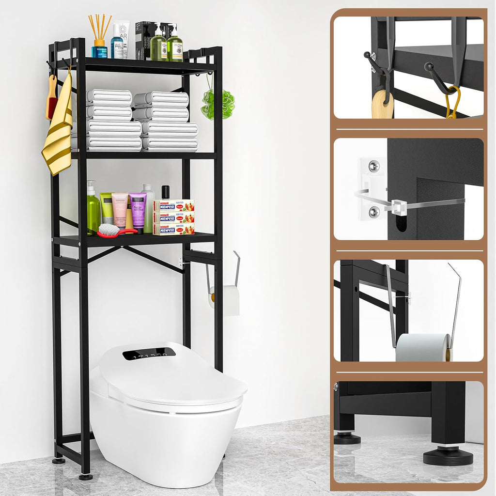 ZZL Over The Toilet Storage,3-Tier,Bathroom Toilet Organizer,Multifunctional Space Saver Freestanding Bathroom Shelves with 4 Hooks,Black