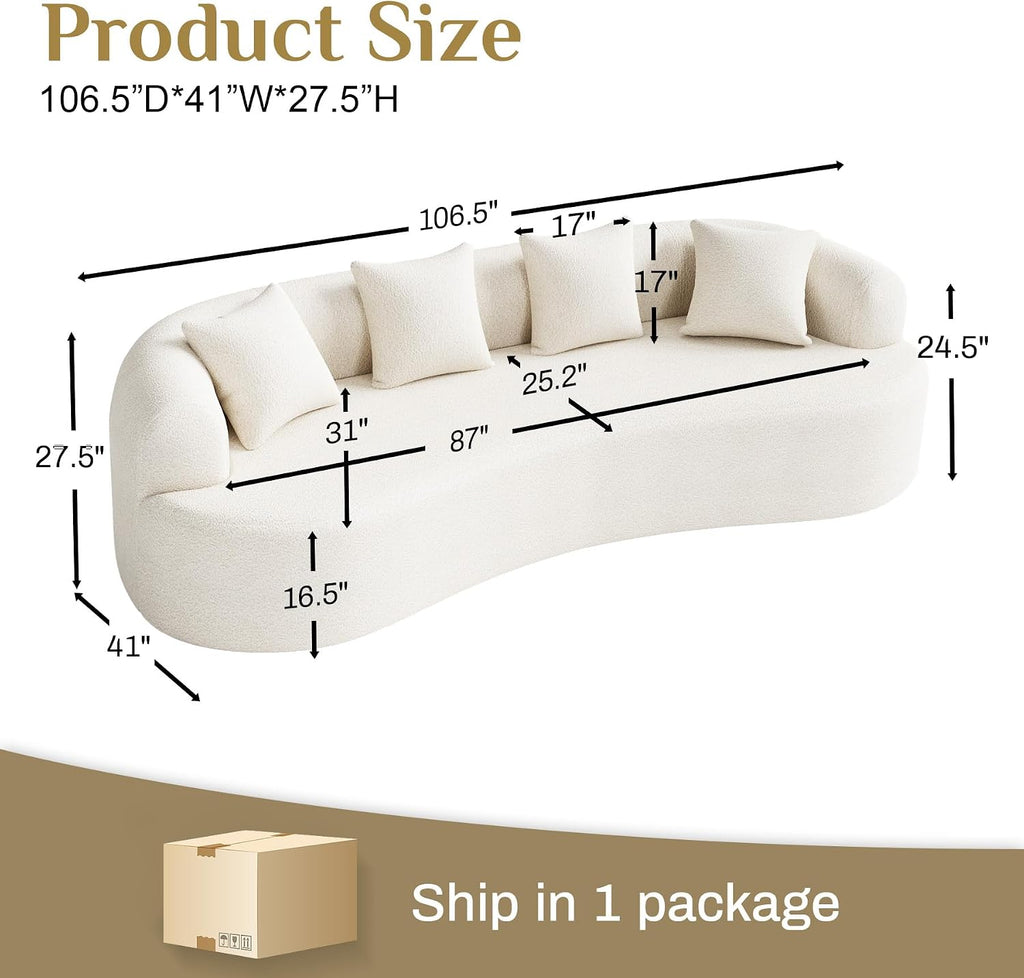Modern Curved Couch,Oversized 4 Seater Boneless Chenille Sofa,Cream White | Oversized Curved Sofa with Deep Seats,High Foam and 4 Pillows,Cloud Couch for Living Rooms,Bedrooms ,Apartments,No Assembly