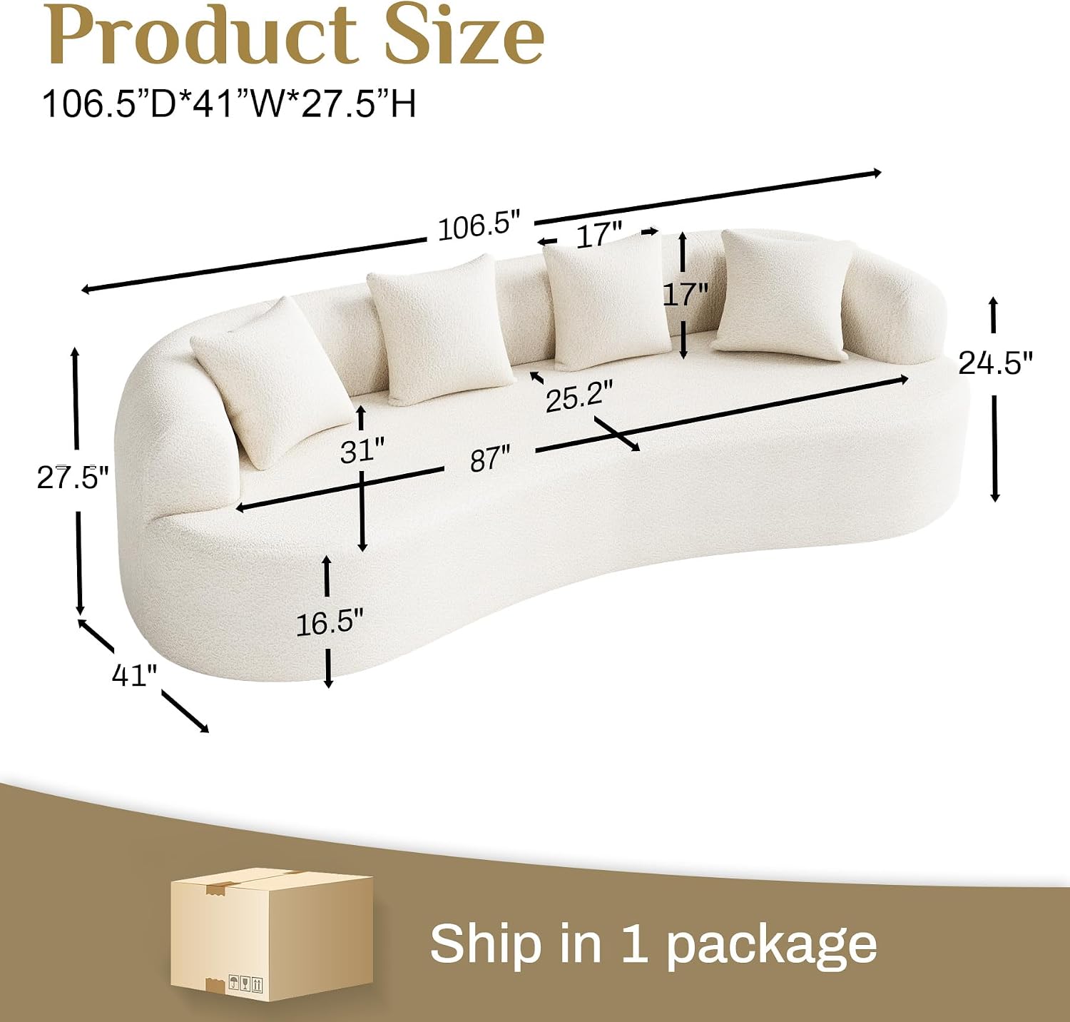 Modern Curved Couch,Oversized 4 Seater Boneless Chenille Sofa,Cream White | Oversized Curved Sofa with Deep Seats,High Foam and 4 Pillows,Cloud Couch for Living Rooms,Bedrooms ,Apartments,No Assembly