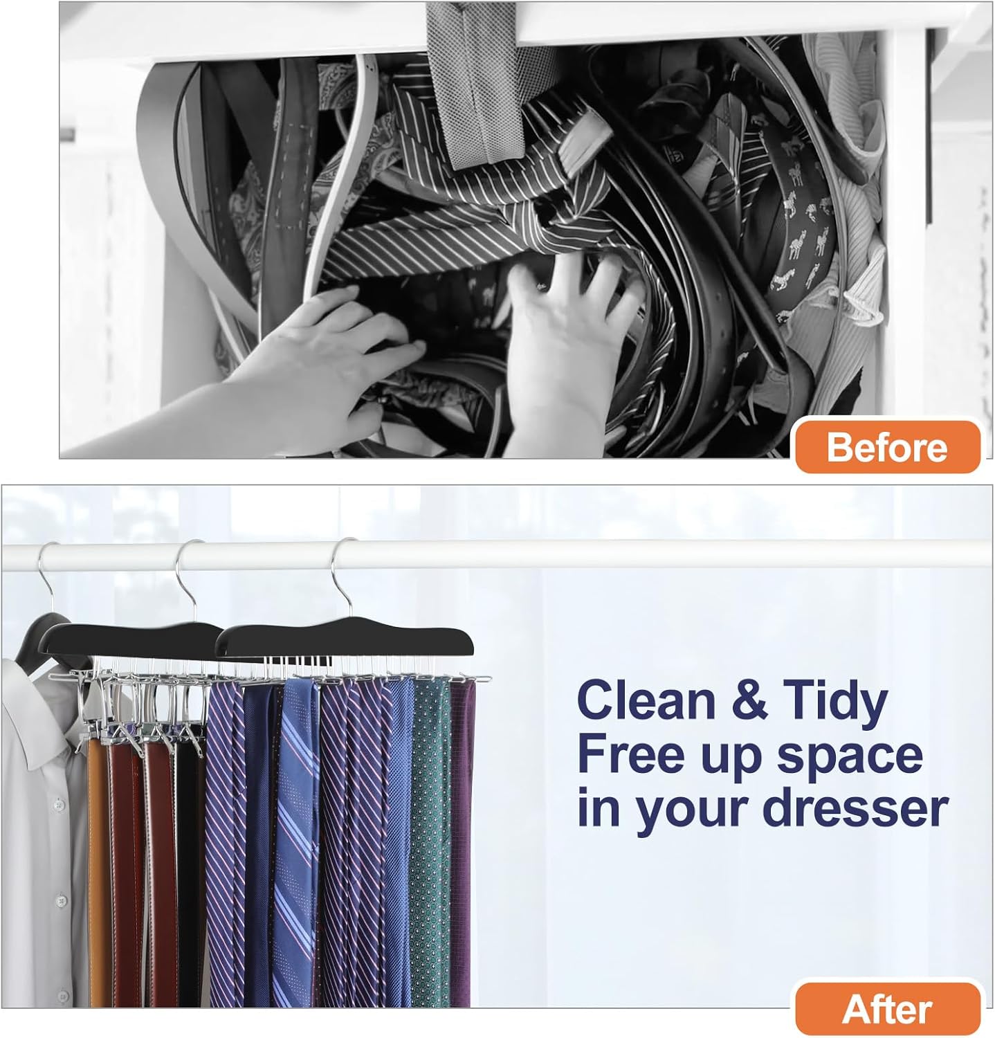 TOPIA HANGER Tie Rack Hanger for Closet, Wooden Tie Organizer for Men with 24 Folding Hooks, Space Saving Necktie Holder for Storage and Display Bra, Tank Top, Camisole (1-Pack), Black- CT14B