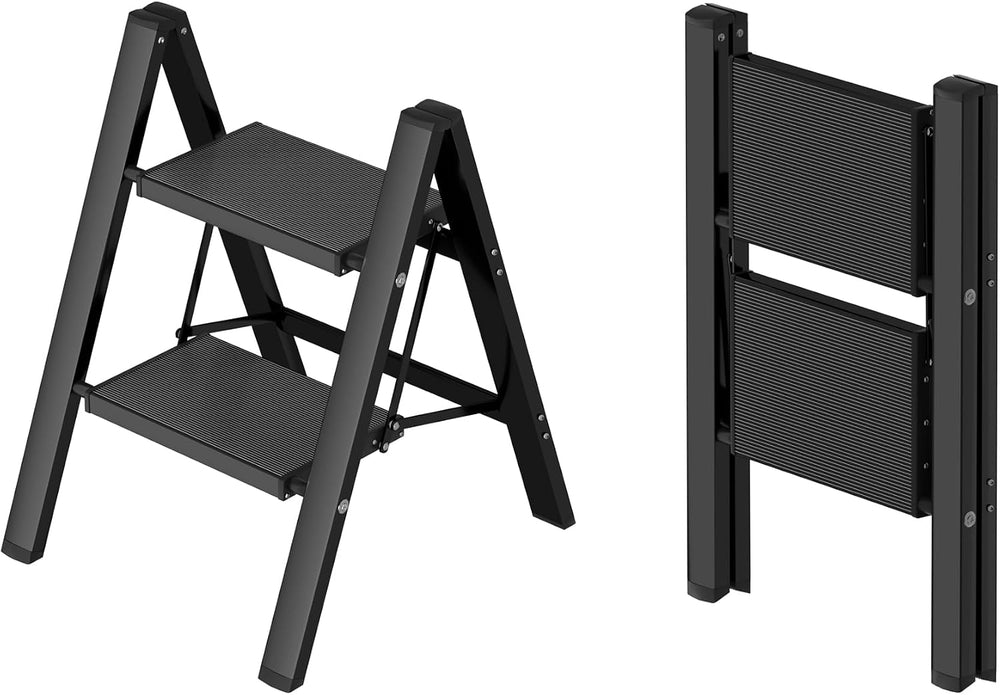 Taranta 2 Step Stool Foldable,Aluminum Step Ladder-BlackWoodgrain