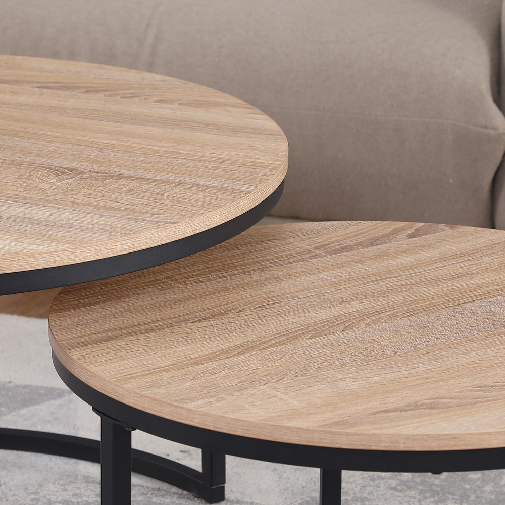 CENSI 24" Natural Oak Round Nesting Coffee Table Set of 2 | Accent Nesti...