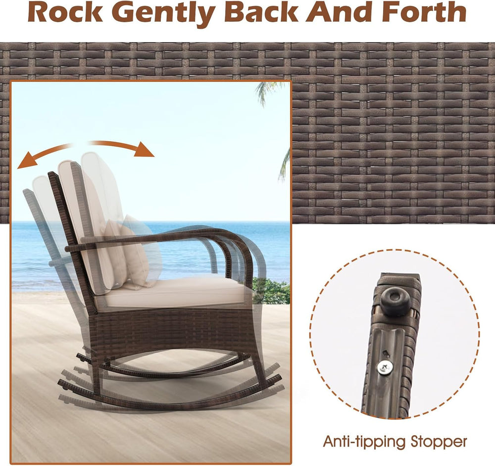 ORALNER 3 Pieces Outdoor Wicker Rocking Chair, Patio Furniture Set (Beige)