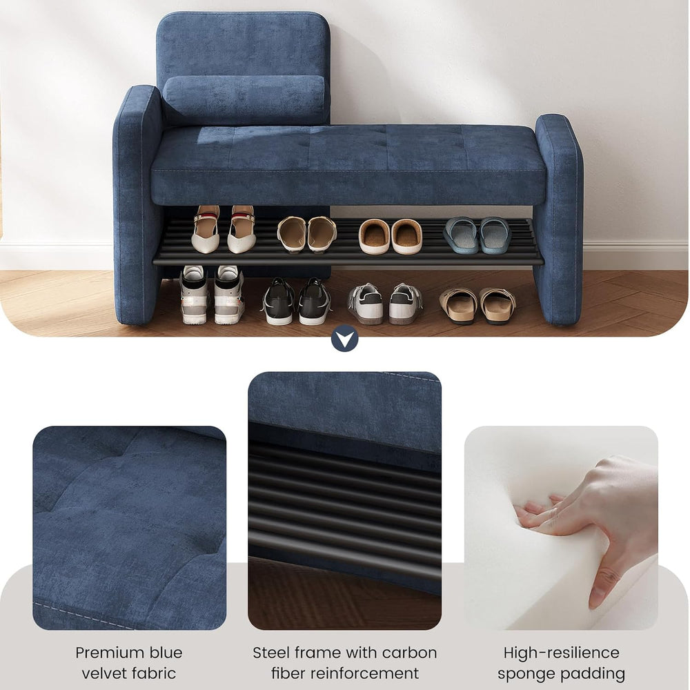 Miuuod 40.94" Navy Blue Upholstered Shoe Storage Bench with Adjustable B...