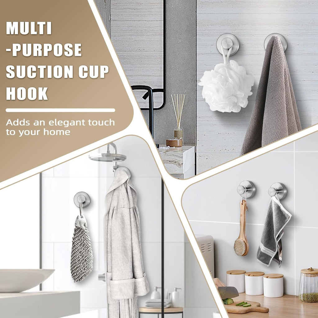Suction Cup Hooks for Shower No-Drill Bathroom Hooks for Towels, Robes, Loofah Mountable on Bathroom Walls, Kitchen, Glass, Mirrors, Tile and Smooth,Non-Porous Surfaces (4, Brushed Nickel)