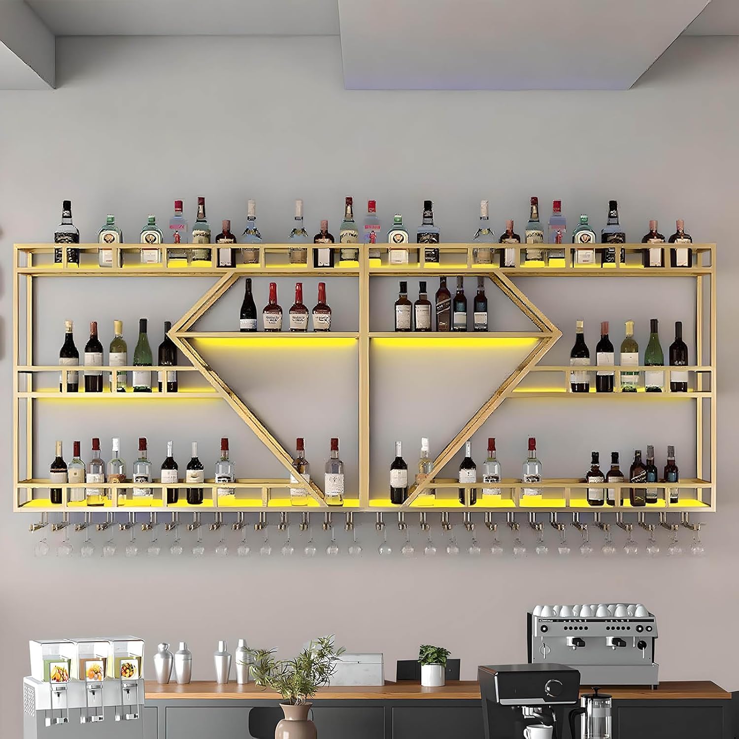 79in Large Wall Mounted Wine Rack 3 Tier Metal Wine Bottle Holder Modern Diamond Design Floating Bar Liquor Bottles Storage Rack for Home Restaurant Bar Decorative (Gold, 3 Tier - 79in)
