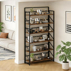 JSB Folding Bookshelf,Industrial Storage Shelves, No Assembly Vintage Wood Look Bookshelf with Storage Shelves for Living Room, Bedroom, Office (Fire Brown, Wide 6-Tier)