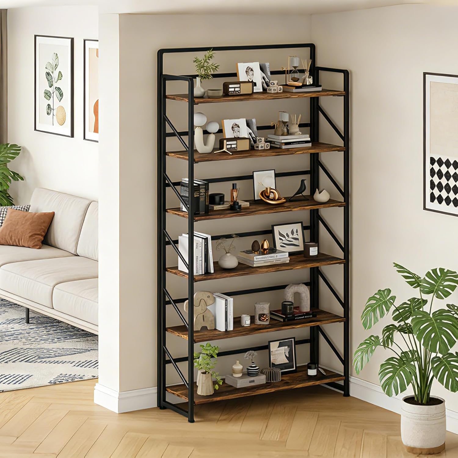JSB Folding Bookshelf,Industrial Storage Shelves, No Assembly Vintage Wood Look Bookshelf with Storage Shelves for Living Room, Bedroom, Office (Fire Brown, Wide 6-Tier)