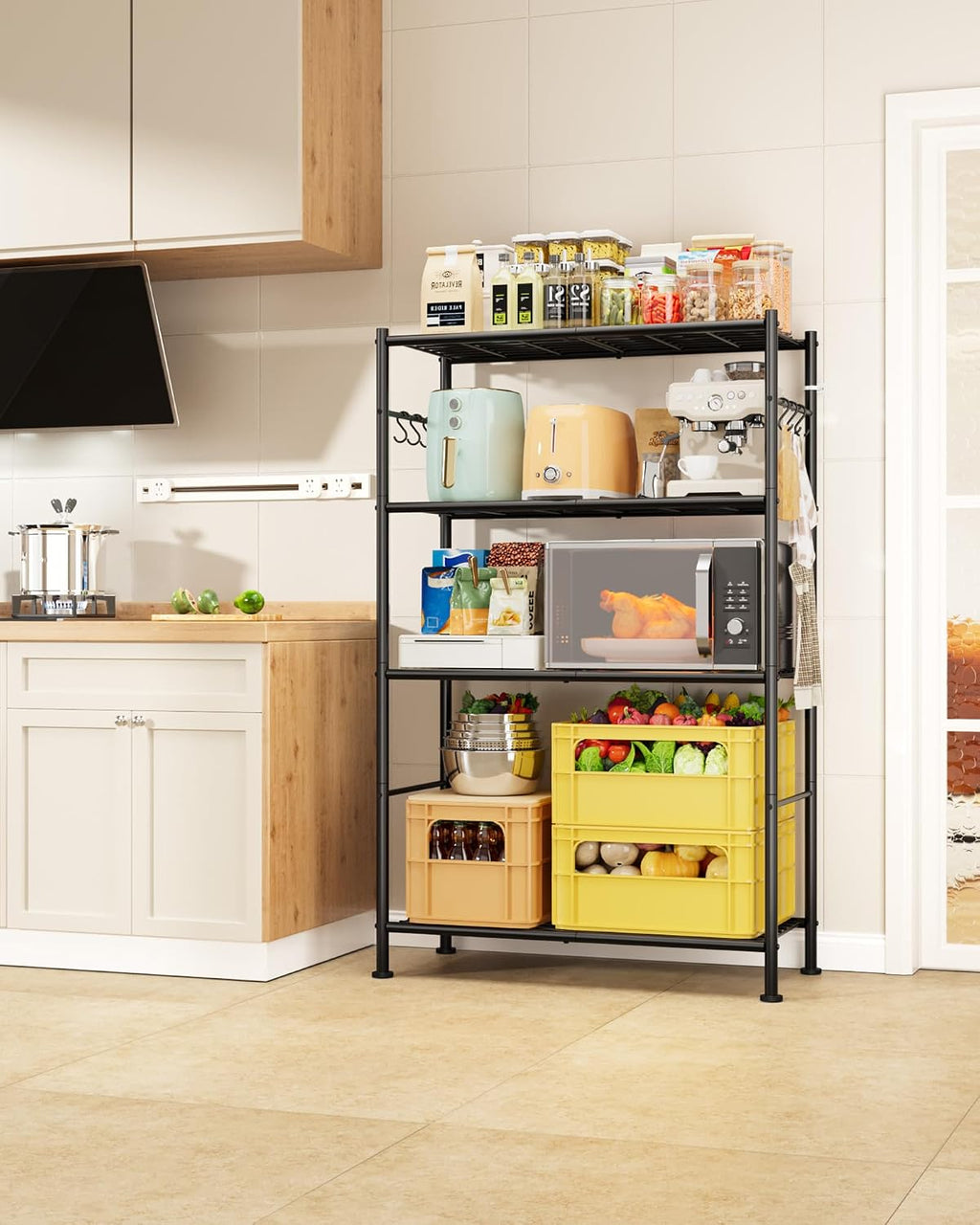 Sakugi Storage Shelves - 4-Tier Spacious Shelf Organizer with Hooks & Leveling Feet, Easy to Assemble, Rust-Resistant Garage Shelving for Kitchen, Pantry, Bedroom, 33.2" x 12.7" x 57.3", Black
