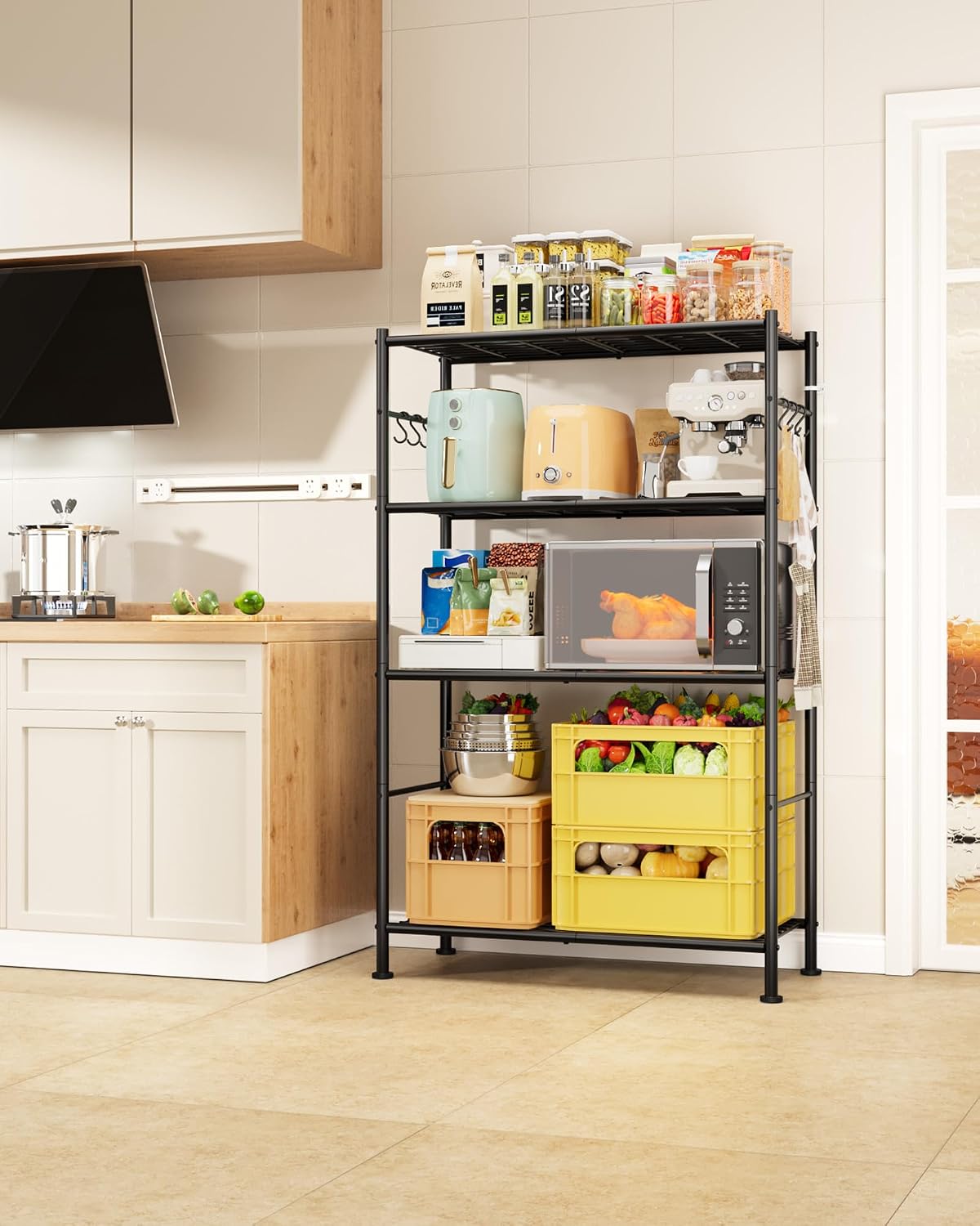 Sakugi Storage Shelves - 4-Tier Spacious Shelf Organizer with Hooks & Leveling Feet, Easy to Assemble, Rust-Resistant Garage Shelving for Kitchen, Pantry, Bedroom, 33.2" x 12.7" x 57.3", Black