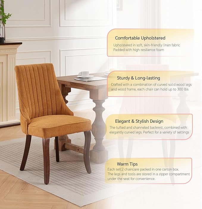 Linen Dining Chairs Set of 8,Comfy Fabric Upholstered Chairs for Kitchen Livi...