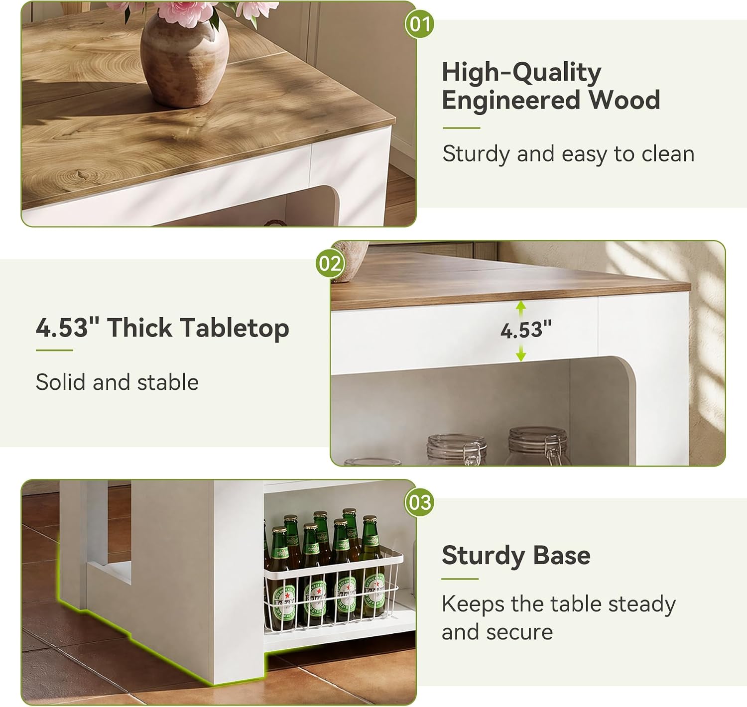 LITTLE TREE 55" Kitchen Island with Storage Shelves | 3-Tier Farmhouse Stationary Island Table with Extra Large Work Surface & Leg Room for Kitchen Dining Room (White and Brown)