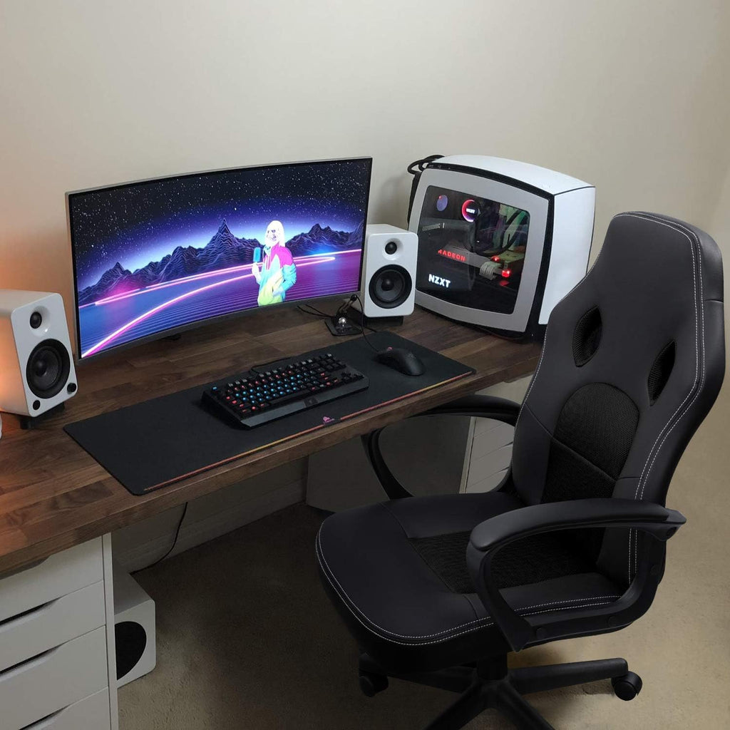 Furmax Gaming Chair Office Chair Leather Computer Desk Chair Racing Style Ergonomic Adjustable Swivel Task Chair with Lumbar Support and Arms (Black)