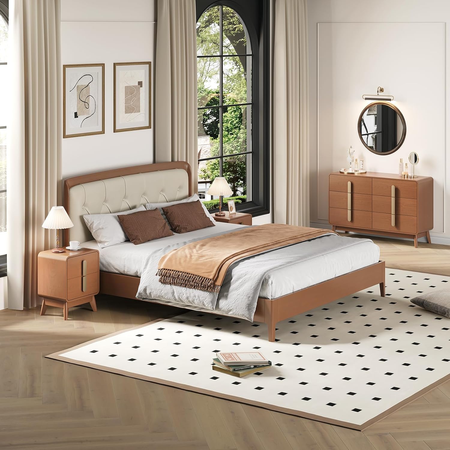 Mid Century Modern Bedroom Set, 6 Drawer Dresser and Nightstand Sets for Bedroom, Night Stand Set 2 & 6 Drawer Dresser with Gold Handles, Wood Chest of Drawers Storage Cabinet Set, Cherry