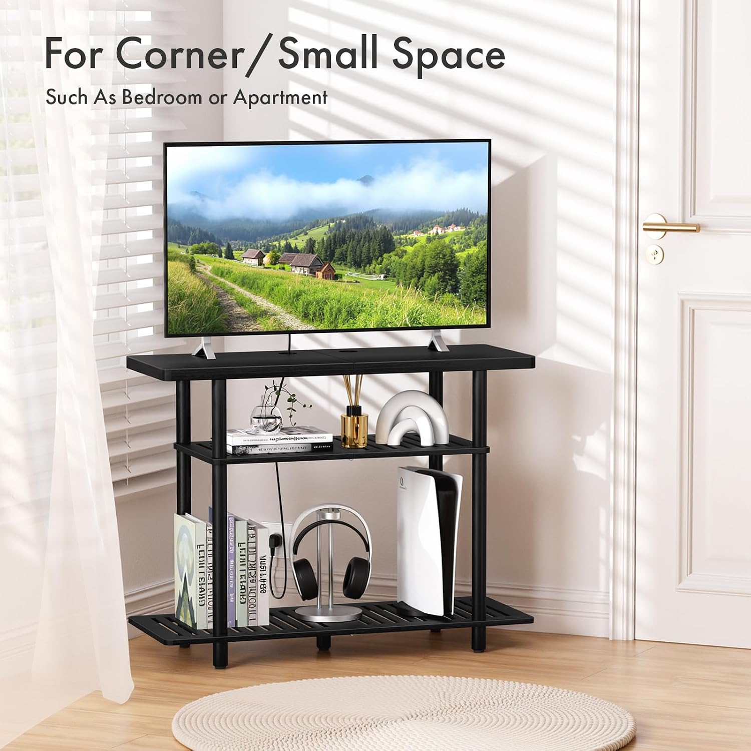 Bamboo TV Stand, Small TV Stands for up to 32 Inch, 3-Tier Entertainment Center TV Shelf with Storage, Sturdy Corner TV Stand for Bedroom, Black, 31.5 x 24.2 x 11.8 inches