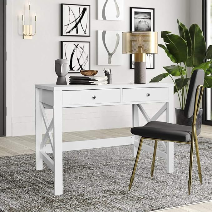 ChooChoo Computer Desk Study for Home Office, Modern Simple 40 Inches White Desk with Drawers, Makeup Vanity Console Table