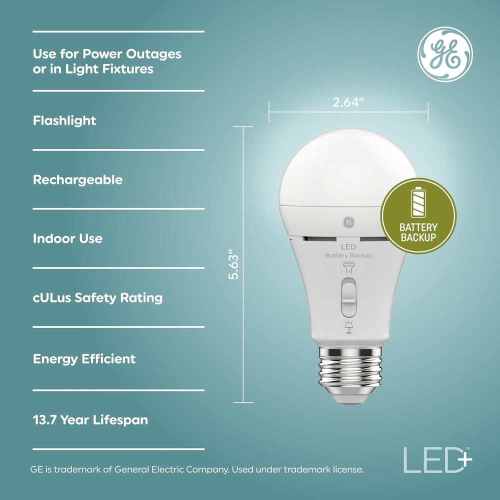 GE LED+ Backup Battery LED Light Bulbs, A21 Rechargeable Light Bulbs for Powe...
