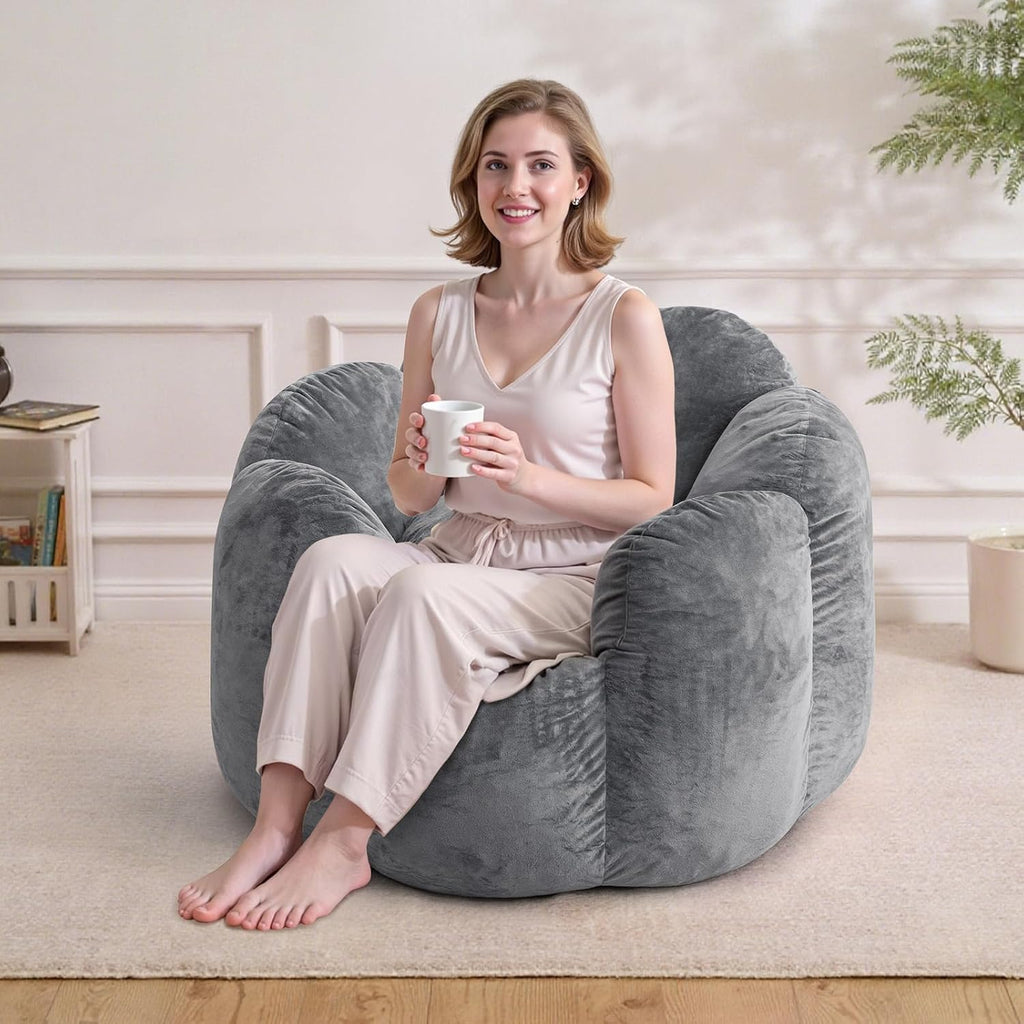 HOMMPA Bean Bag Chair for Adults Comfy Velvet Bean Bag Couch with Back Support Flower Shaped Oversized Sofa for Living Room,Bedroom,Dorm,Grey