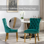 Velvet Dining Chairs Set of 2, Upholstered Dining Room Chairs with Back Ring Pull Trim and Golden Stainless Steel Legs,Tufted Wingback Chair Perfect for Dining Room,Living Room,Kitchen(Green)