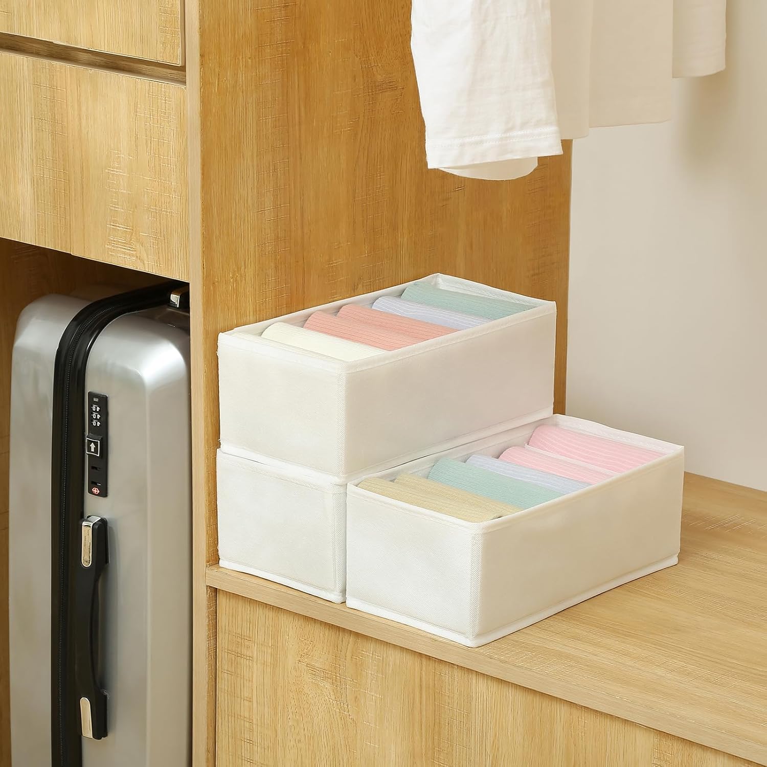 Qozary 3 Pack Sock Underwear Drawer Organizer Dividers, Non-Woven Fabric Collapsible Cabinet Closet Storage Boxes for Clothes, Socks, Lingerie, Underwear, Tie, Belt, Baby, Bedroom (White, 6 Cells)