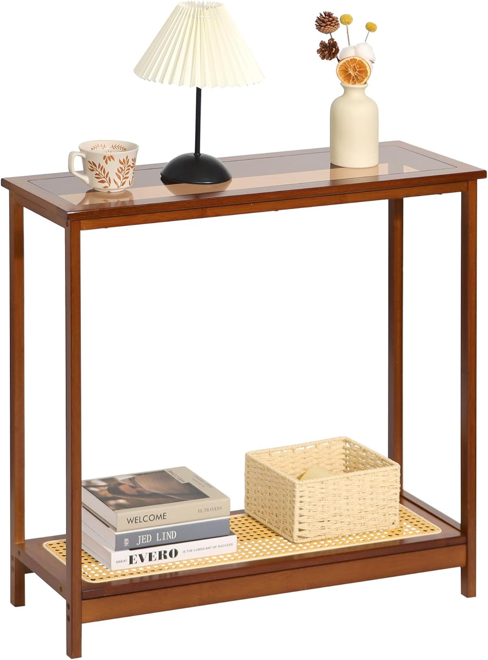 Bamboo Narrow Console Table, 31.5"(L) Wood Small Entryway Table with Rat...