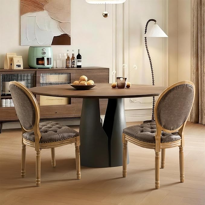 French Country Dining Chairs Set of 2,Farmhouse Upholstered Dining Room Chairs with Tufted Round Back&Solid Leg,PU Leather Kitchen Side Chairs for Kitchen/Bedroom/Dining Room,Brown