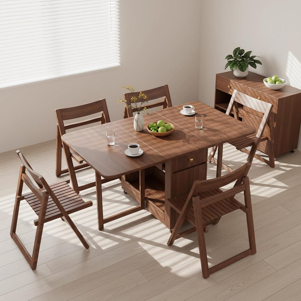 Extendable Drop Leaf Folding Dining Table with 2 Hidden Storage Drawers and 4...