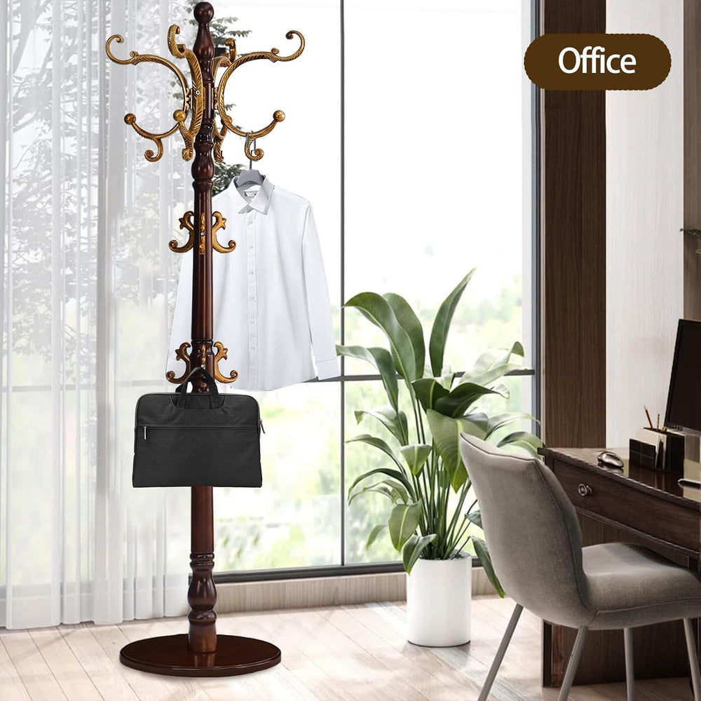 Coat Rack Freestanding, Wooden Coat Tree with Stable Round Base, Vintage Heav...