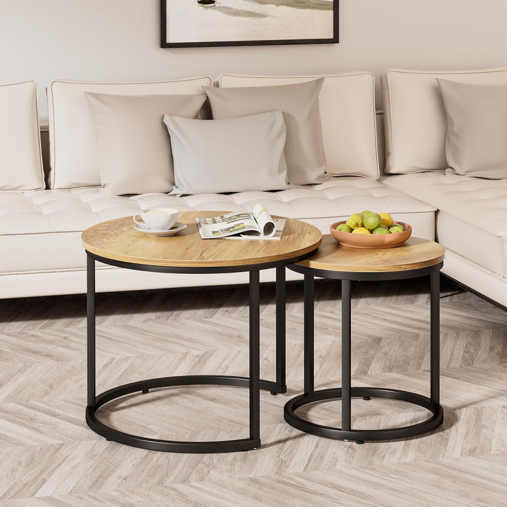 Smuxee Nesting Coffee Table Set of 2, 23.6" Round Coffee Table Brown Woo...
