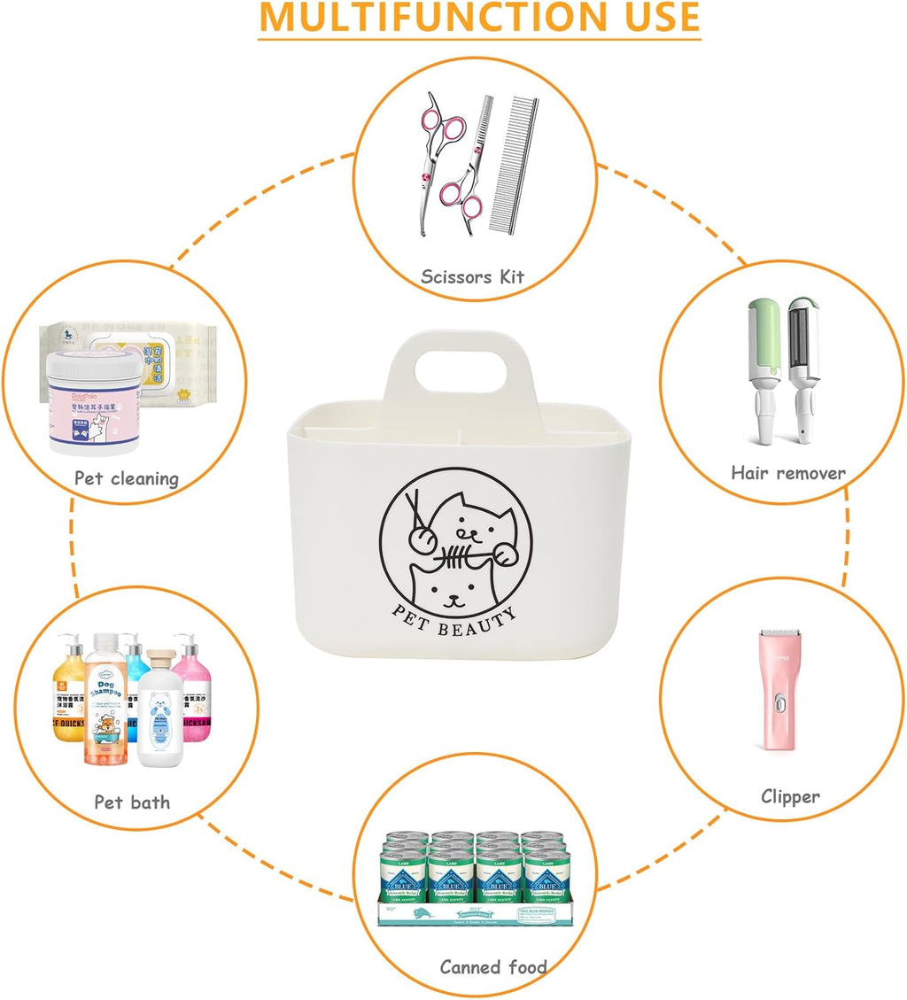 Dog Storage Organizer for Grooming Supplies,4-Compartment Caddy for Dog Cat Grooming Kit,Pet Stuff Storage,Ieal for Shampoo,Trimmer,Clipper,Combo,Brush-Modern Minimalist White