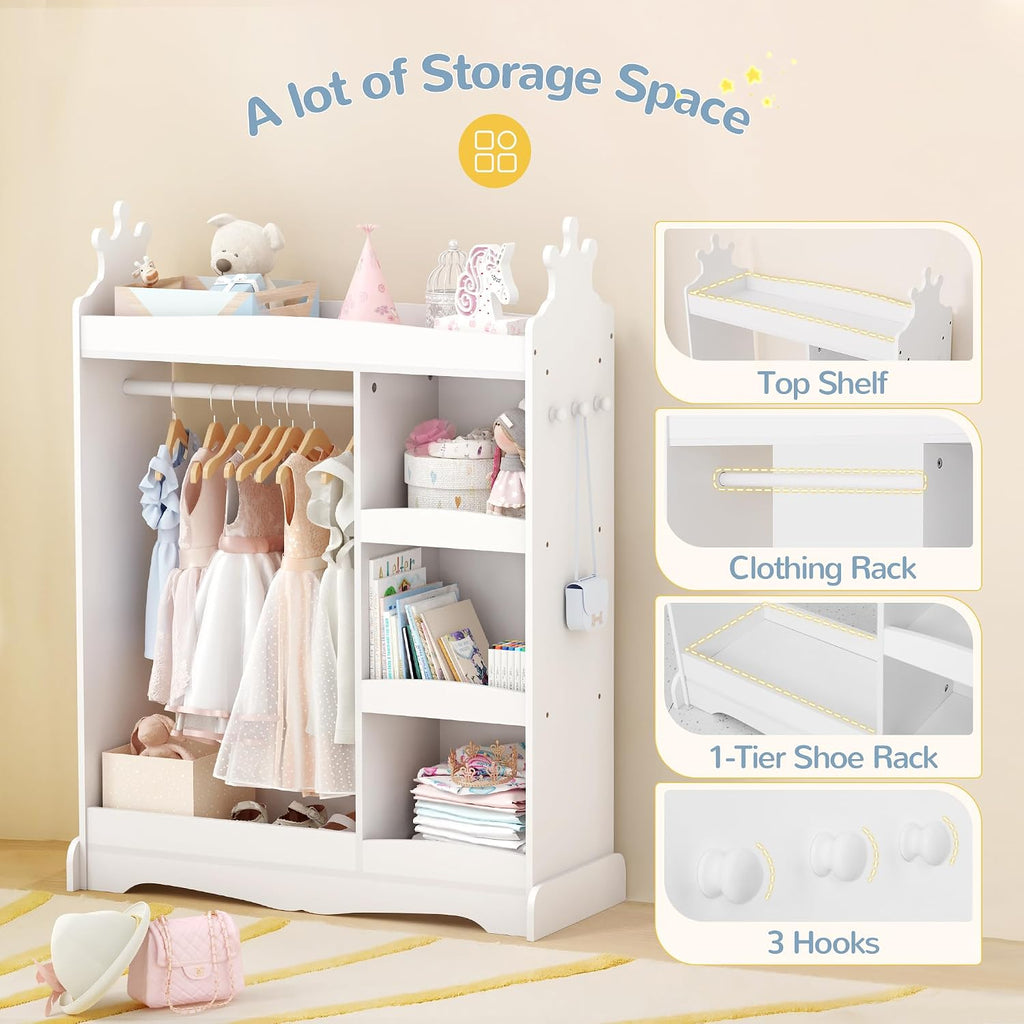 Curipeer Kids Dress up Storage with Mirror, Kids Wardrobe with 3 Hooks, Kids Closet for Girls Boys, Open Hanging Armoire Costume Organizer for Bedroom, Preschool, Classroom, White