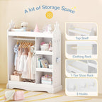 Curipeer Kids Dress up Storage with Mirror, Kids Wardrobe with 3 Hooks, Kids Closet for Girls Boys, Open Hanging Armoire Costume Organizer for Bedroom, Preschool, Classroom, White