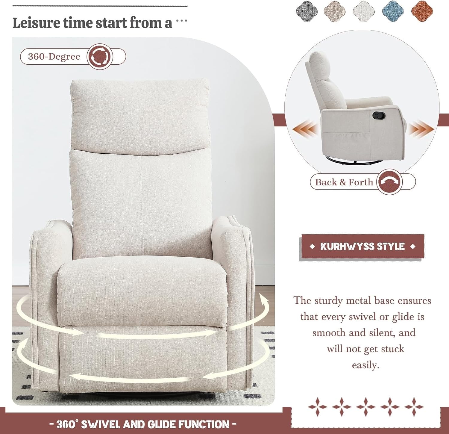 360 Swivel Rocker Recliner Chair for Adults with Heat Massage Function Adjustable Backrest Footrest Glider Reclining Chair for Bedroom Living Room Office