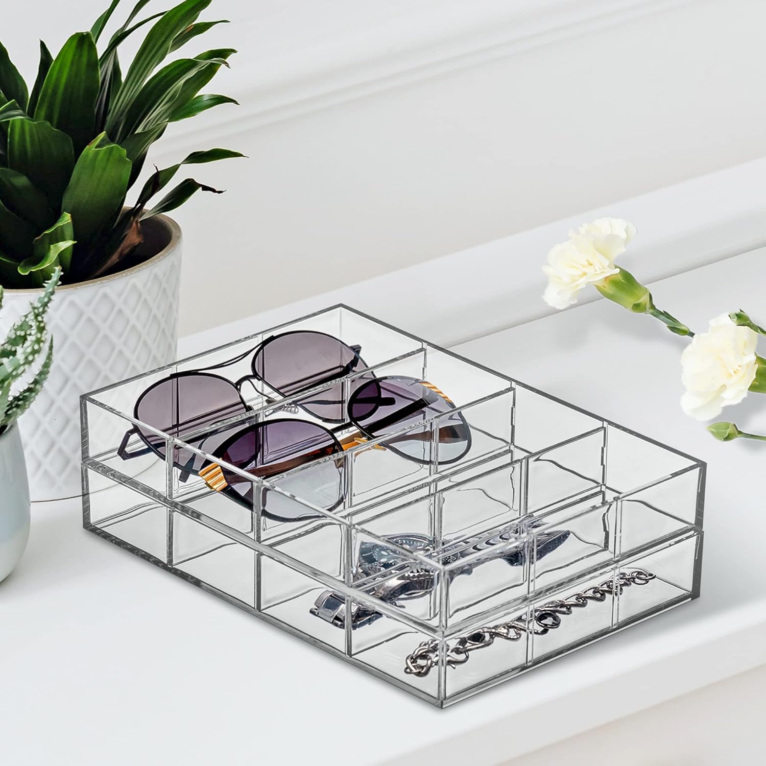 Amazing Abby - Soleil - 2-Pack Acrylic 4-Compartment Sunglass Organizer, Plastic Eyeglass Display Case, Transparent Jewelry Storage Tray, Clear Beauty Supply Holder, Great for Bedroom and Bathroom