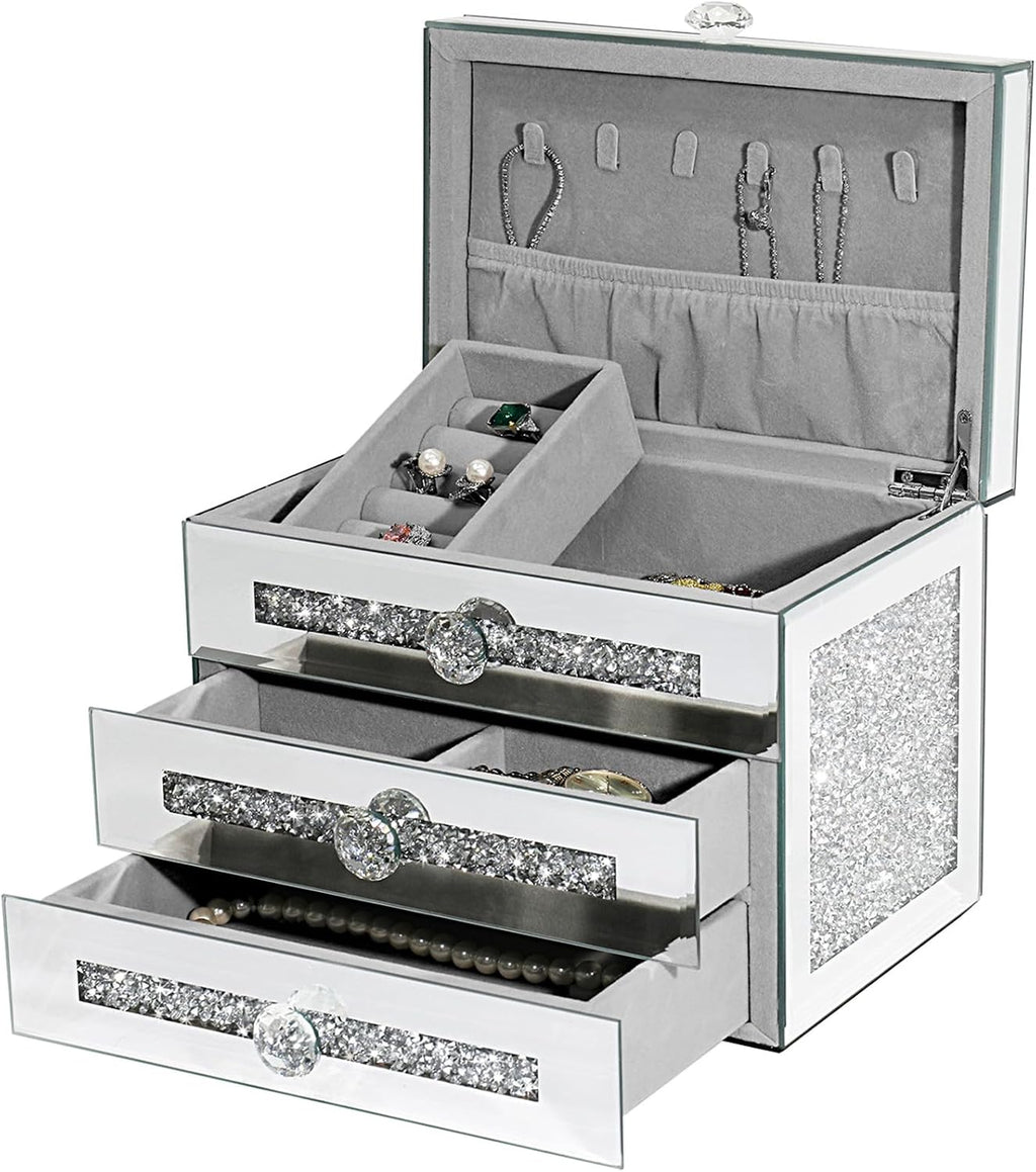 Mirrored Jewelry Box, 3-Layer Glass Jewelry Organizer with Lid & 2 Drawers, Silver Crushed Diamond Home Decor, Fancy Gift for Her (9.3" L x 6.3" W x 7.1" H)