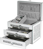 Mirrored Jewelry Box, 3-Layer Glass Jewelry Organizer with Lid & 2 Drawers, Silver Crushed Diamond Home Decor, Fancy Gift for Her (9.3" L x 6.3" W x 7.1" H)